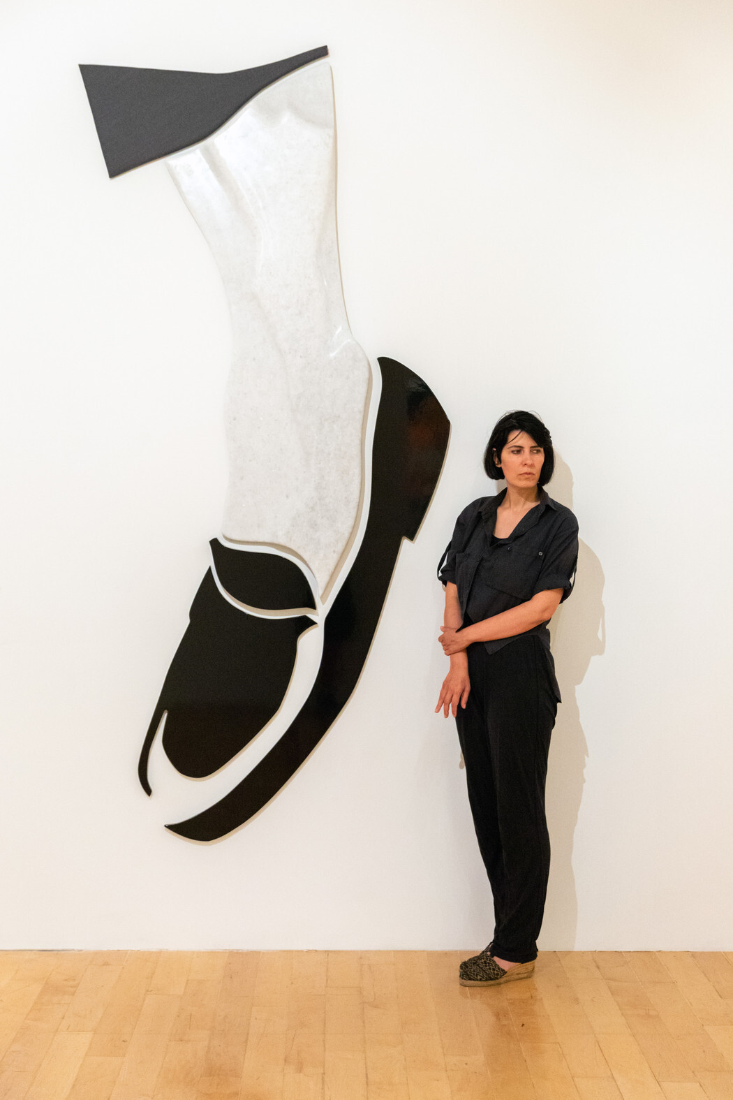 Rallou Panagiotou with her work No More Black Shoe, at the exhibition The Same River Twice, 2019, Benaki museum, © Paris Tavitian_ presse ; galleririis.com