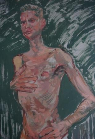 Selbstportrait (1996, Öl auf Hartfaser, 215 x 100), http://www.galerie-tiliart.de/places/dresden/ChristopherSimpson