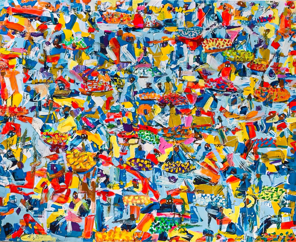 Larry Otoo Blue Market, Acrylic on canvas, 2022, https://ooagallery.com/artists/54-larry-otoo/works/