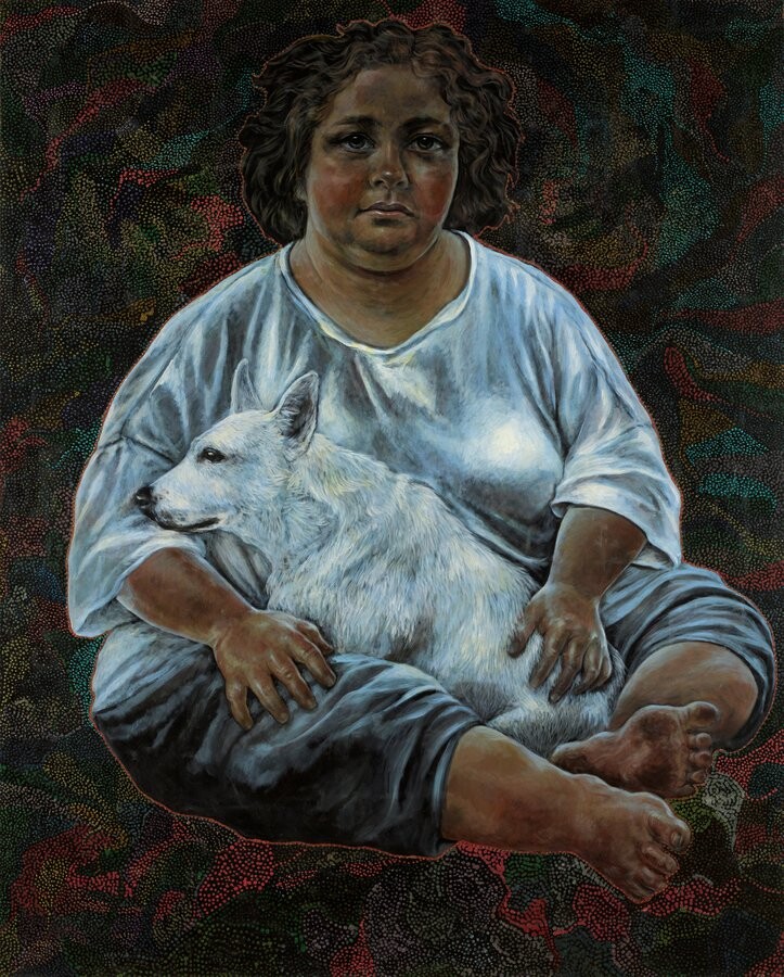 Julie Dowling Sister girl - Carol Dowling  acrylic, red ochre and plastic on canvas  160.5 x 134 cm, https://www.artgallery.nsw.gov.au/prizes/archibald/2001/19581/